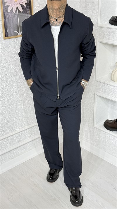 Erkek Lacivert Polo Yaka Çift Yön Fermuarlı Ceket ve Pantalon Takım