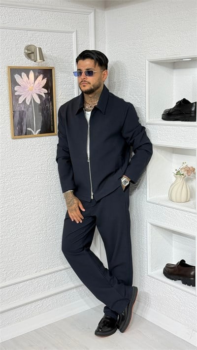 Erkek Lacivert Polo Yaka Çift Yön Fermuarlı Ceket ve Pantalon Takım