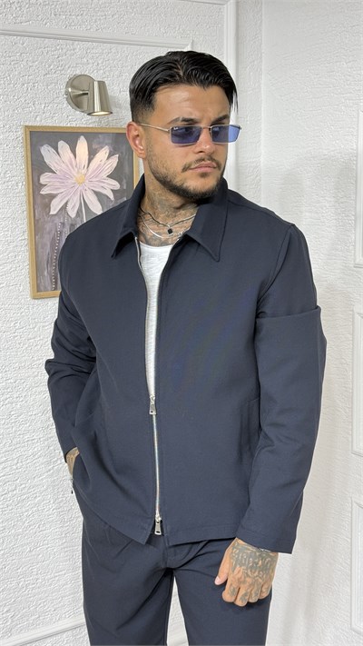 Erkek Lacivert Polo Yaka Çift Yön Fermuarlı Ceket ve Pantalon Takım