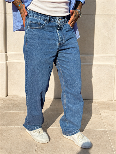 Erkek Mavi Yüksek Bel Bol Paça Oversize Jean Pantolon