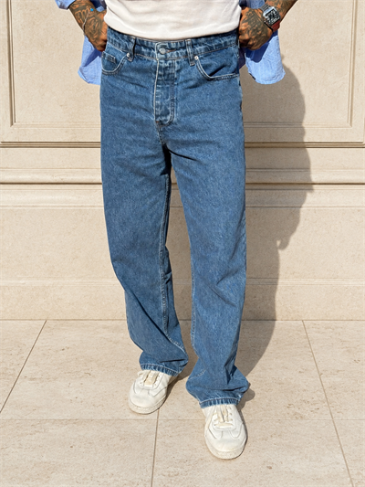 Erkek Mavi Yüksek Bel Bol Paça Oversize Jean Pantolon