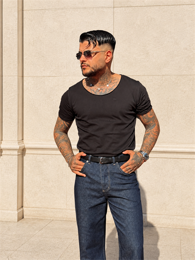 Erkek Siyah Geniş Bisiklet Yaka Slim Fit Basic Tişört