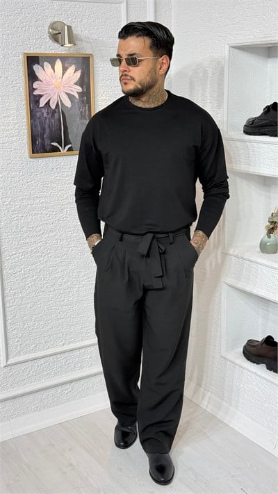 Erkek Siyah Oversize Bisiklet Yaka Uzun Kollu Sweatshirt