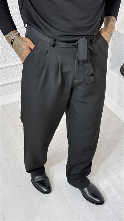 Erkek Siyah Oversize Sweatshirt ve Kuşaklı Pileli Pantolon İkili Takım