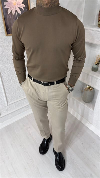 Haki Yarım Boğazlı Slim Fit Erkek Triko Kazak