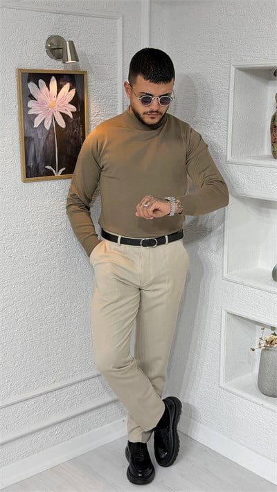 Haki Yarım Boğazlı Slim Fit Erkek Triko Kazak