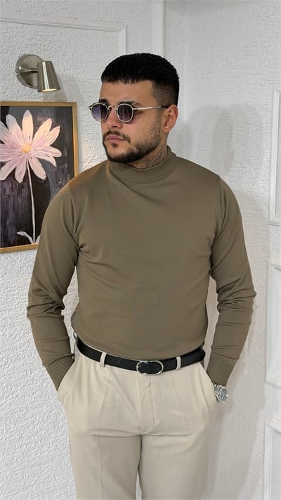 Haki Yarım Boğazlı Slim Fit Erkek Triko Kazak