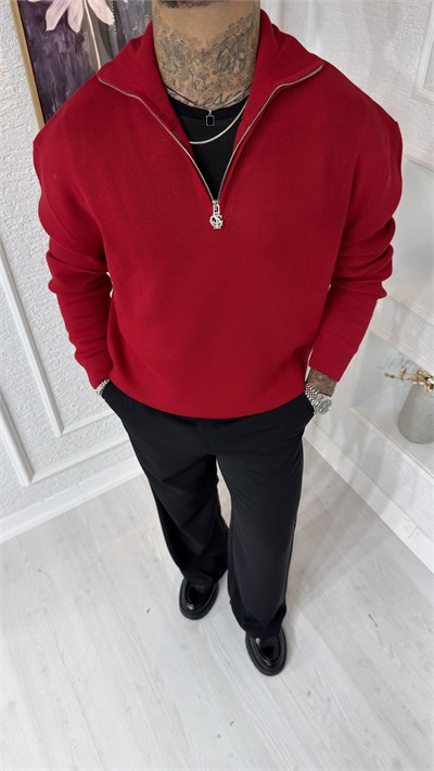 Kırmızı Yarım Fermuarlı Polo Yaka Erkek Triko Kazak