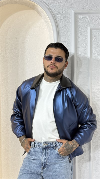 Lacivert Fermuarlı Oversize bomber Deri Ceket