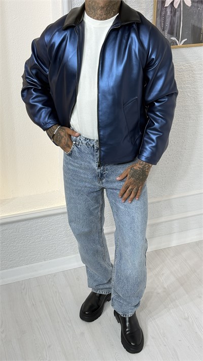 Lacivert Fermuarlı Oversize bomber Deri Ceket