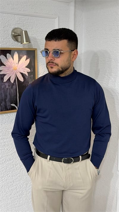 Mavi Yarım Boğazlı Slim Fit Erkek Triko Kazak
