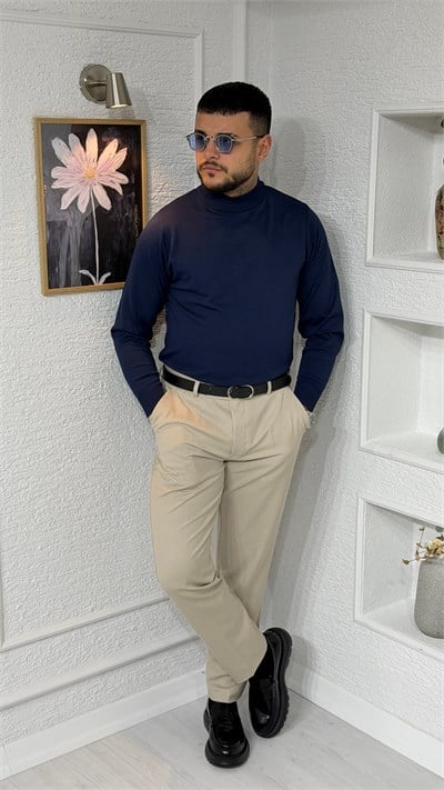 Mavi Yarım Boğazlı Slim Fit Erkek Triko Kazak