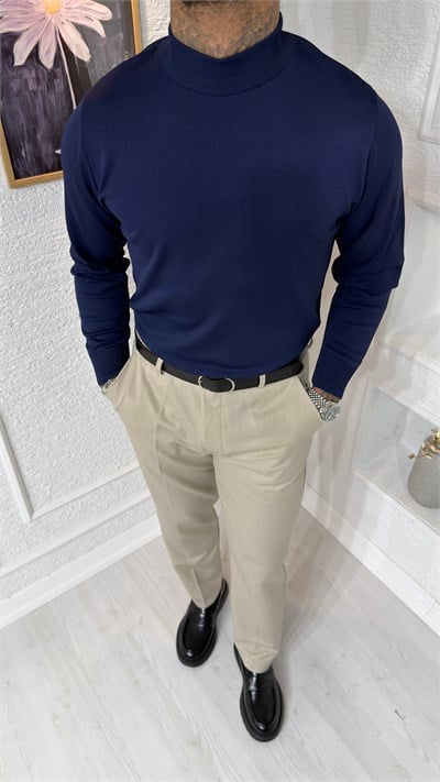 Mavi Yarım Boğazlı Slim Fit Erkek Triko Kazak