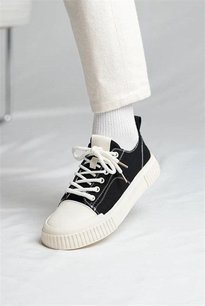 Mince Model Kombinasyonlu Deri İthal Taban Sneaker Ayakkabı - SİYAH