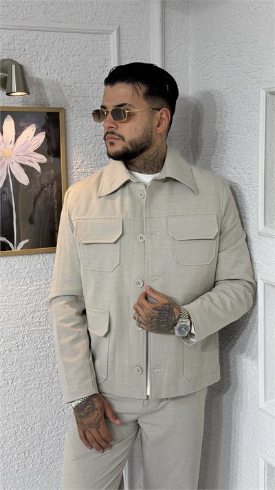 Oversize Kesim Cepli Bej Gabardin Ceket & Pantolon Takım