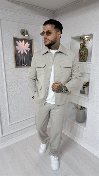 Oversize Kesim Cepli Bej Gabardin Ceket & Pantolon Takım