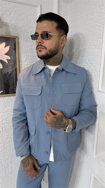 Oversize Kesim Cepli Mavi Gabardin Ceket & Pantolon Takım