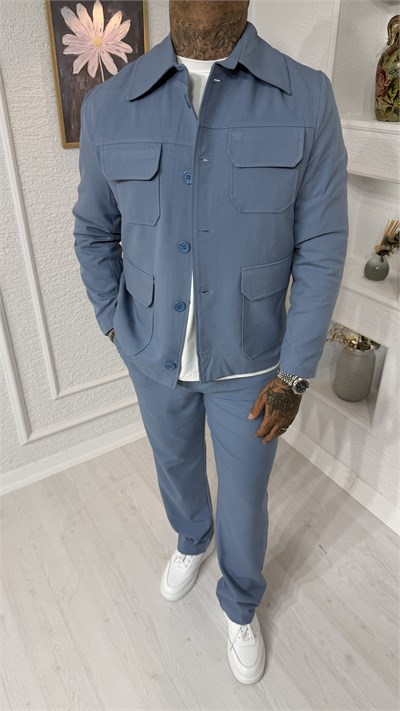 Oversize Kesim Cepli Mavi Gabardin Ceket & Pantolon Takım