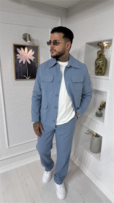 Oversize Kesim Cepli Mavi Gabardin Ceket & Pantolon Takım