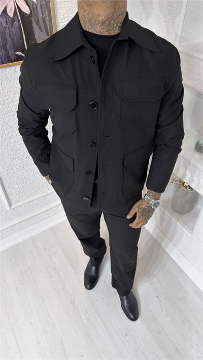 Oversize Kesim Cepli Siyah Gabardin Ceket & Pantolon Takım