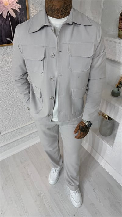 Oversize Kesim Cepli Taş Rengi Gabardin Ceket & Pantolon Takım
