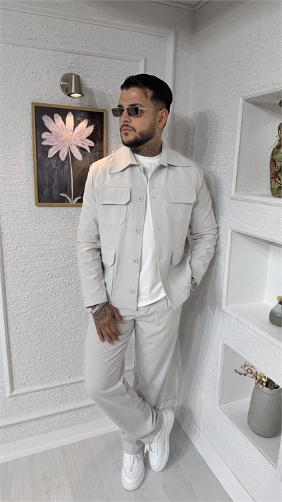 Oversize Kesim Cepli Taş Rengi Gabardin Ceket & Pantolon Takım