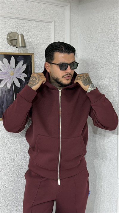 PANDA Kumaş Kapüşonlu Fermuarlı Erkek Eşofman Takımı – BORDO