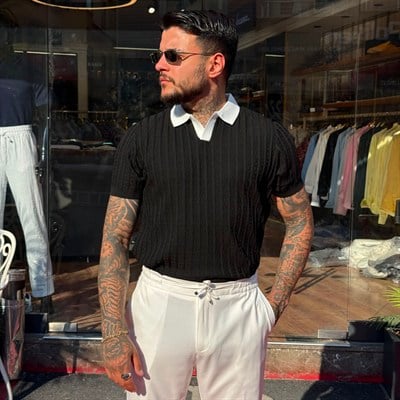 BEYAZ YAKALI POLO YAKA TRİKO TİŞÖRT SİYAH