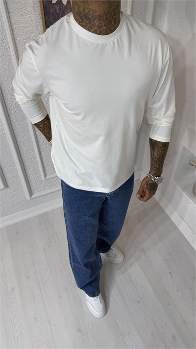 Premium Basic Beyaz Bisiklet Yaka Sweatshirt