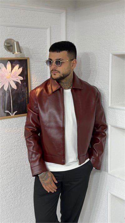 Premium Bordo Fermuarlı Erkek Deri Ceket