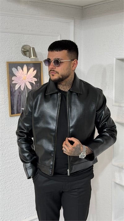 Premium Siyah Fermuarlı Erkek Deri Ceket