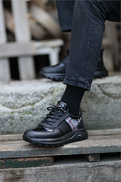 Sheldon Model Kombinasyonlu Deri İthal Taban Sneaker Ayakkabı - SİYAH