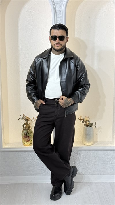 SİYAH Fermuarlı Oversize bomber Deri Ceket