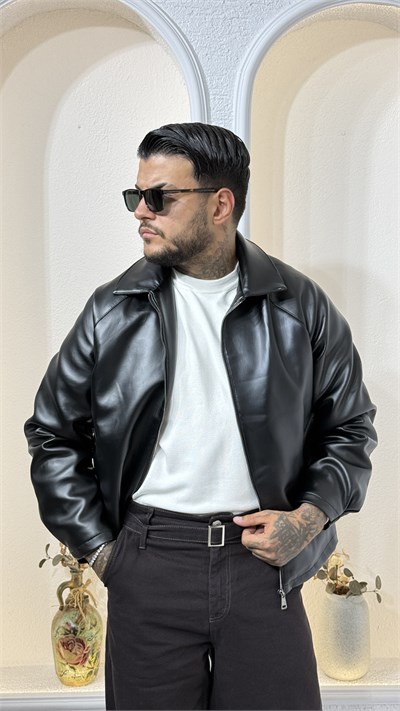 SİYAH Fermuarlı Oversize bomber Deri Ceket