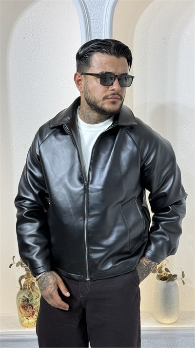 SİYAH Fermuarlı Oversize bomber Deri Ceket