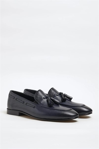 Tokyo Model Hakiki Natural Deri Kösele Taban Loafer Ayakkabı - LACİVERT