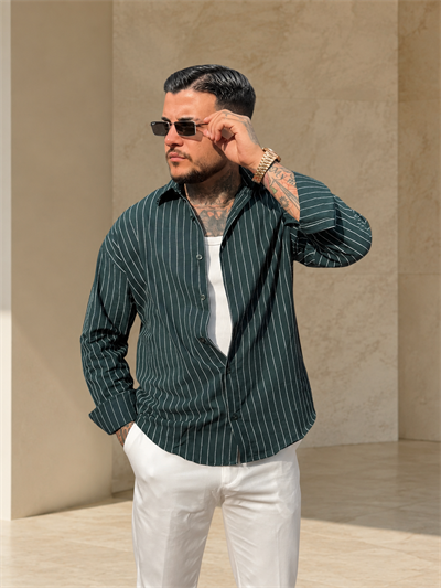 Yeşil Çizgili Oversize Gömlek TD