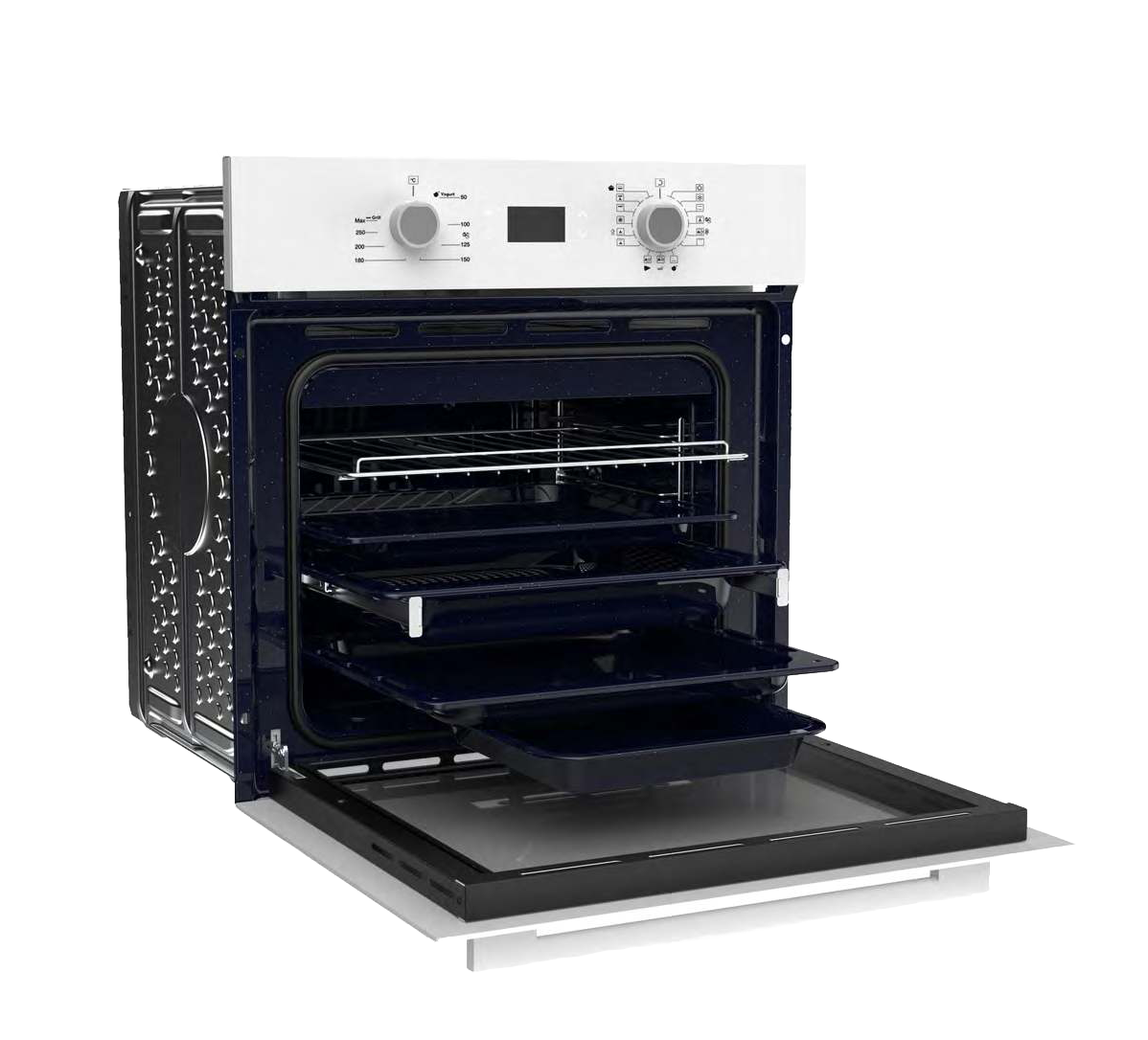 Luxor CORE F1500 açık kapak, çoklu tepsi ve tel raf yerleşimi