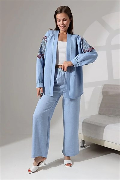 Alya İşlemeli Keten Kimono Takım  - Mavi