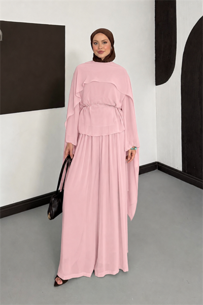 Meyra Pelerinli Şifon Takım - Pembe