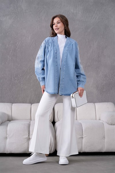Miren İşlemeli Kot Kimono  - Açık Mavi