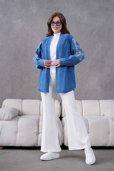 Miren İşlemeli Kot Kimono  - Mavi