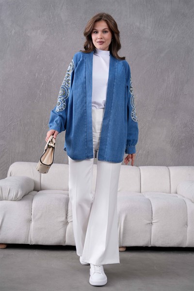 Mirina İşlemeli Kot Kimono  - Mavi