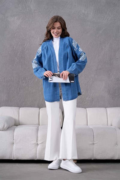 Soren İşlemeli Kot Kimono  - Mavi