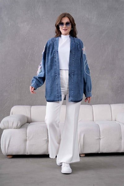 Vera İşlemeli Kot Kimono  - Lacivert