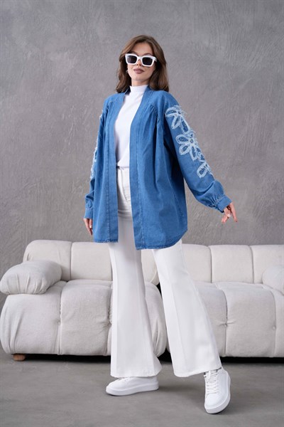 Virel İşlemeli Kot Kimono  - Mavi