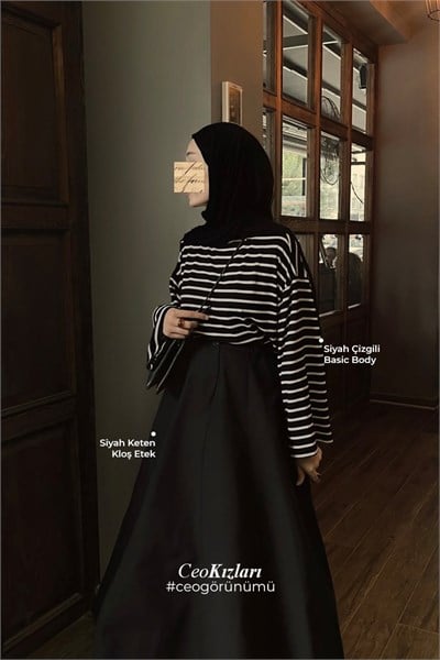 Siyah Çizgili Basic Body & Siyah Keten Kloş Etek
