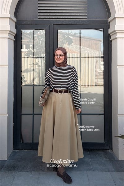 Siyah Çizgili Basic Body & Sütlü Kahve Keten Kloş Etek