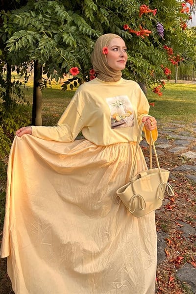 Tereyağ Sarısı Limonata Baskılı Body & Tereyağ Sarısı Kraş Etek 