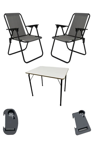 Litea 2 Adet Kamp Sandalyesi Katlanır Piknik Sandalye ve Bardaklık Gri + Katlanır Mdf Masa